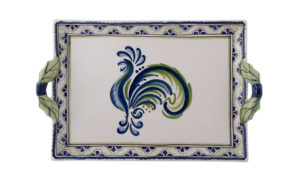 Blue Green Rooster Two Handled Tray
